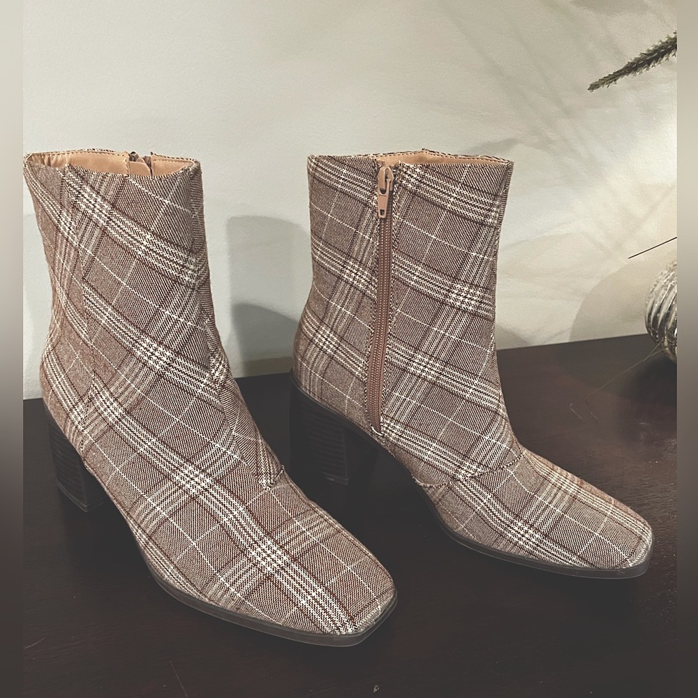 COPY - Brown and beige plaid ankle boots.